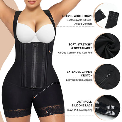 VELARE Zipper & Hook 8-Steel-Bones Open Bust Fajas with Butt Lift