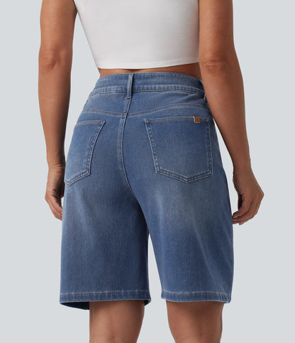 Lounge Flex™ Asymmetric High Waisted Washed Denim Casual Shorts 9'' with Pockets - Lounge