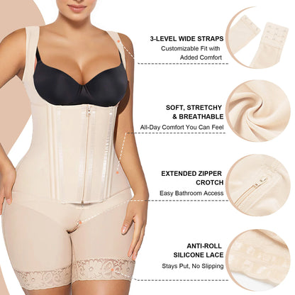 VELARE Zipper & Hook 8-Steel-Bones Open Bust Fajas with Butt Lift